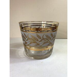 Vintage Gold Leaf Frosted Glass Ice Bucket Wheat MidCentury Modern